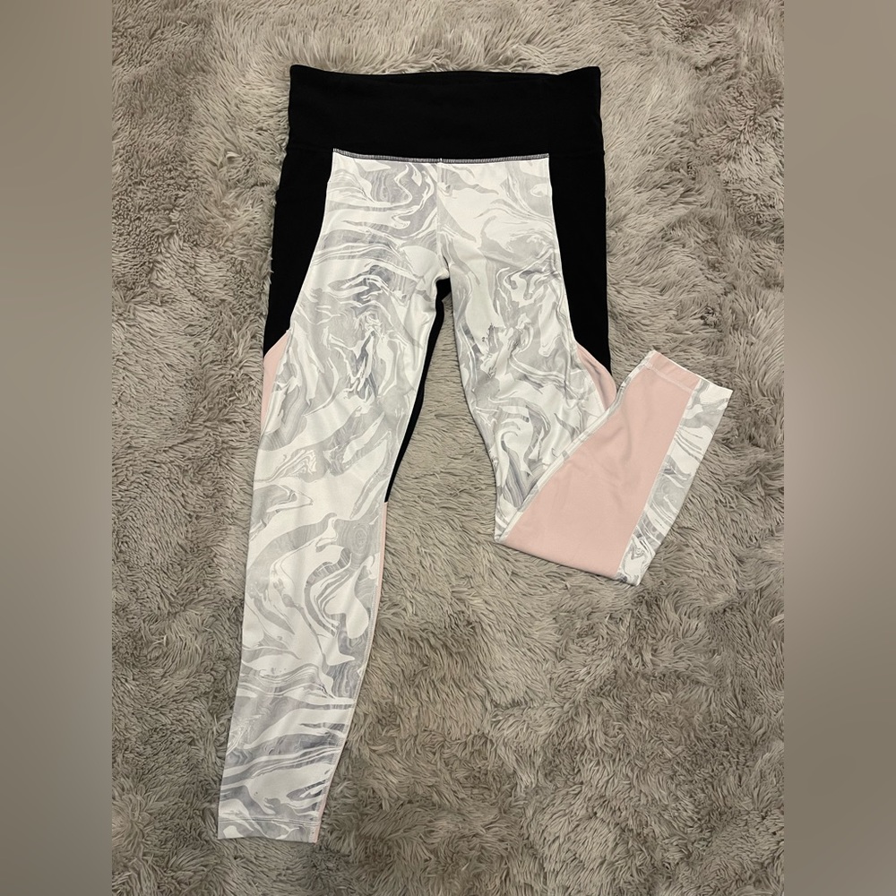 Athleta Salutation High-Rise Workout Yoga Leggings Pink/Black/Marble Pockets LG